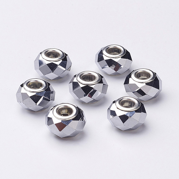 electroplate glass european beads, large hole beads, silver color brass core, silver color, about 14~15mm wide, 9mm long, hole: 4.5mm