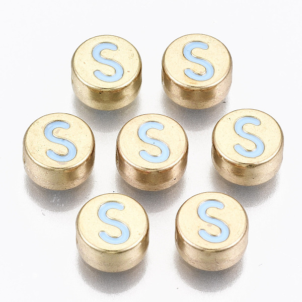 

PandaHall Alloy Enamel Beads, Cadmium Free & Lead Free, Flat Round with Initial Letters, Light Gold, Light Sky Blue, Letter.S, 8x4mm, Hole...