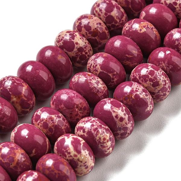 

PandaHall Synthetic Imperial Jasper Dyed Beads Strands, Rondelle, Medium Violet Red, 8~8.5x5~5.5mm, Hole: 1.2mm, about 76~77pcs/strand...