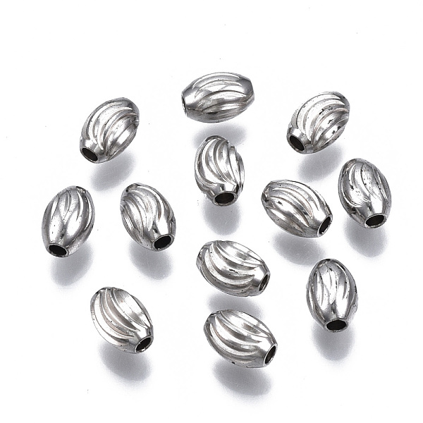 PandaHall 201 Stainless Steel Corrugated Beads, Oval, Stainless Steel Color, 7x5mm, Hole: 1.6mm 201 Stainless Steel Oval