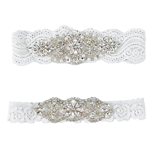 

PandaHall Flower Pattern Polyester Lace Elastic Bridal Garters, with Rhinestone, Wedding Bride Garment Accessories, White...