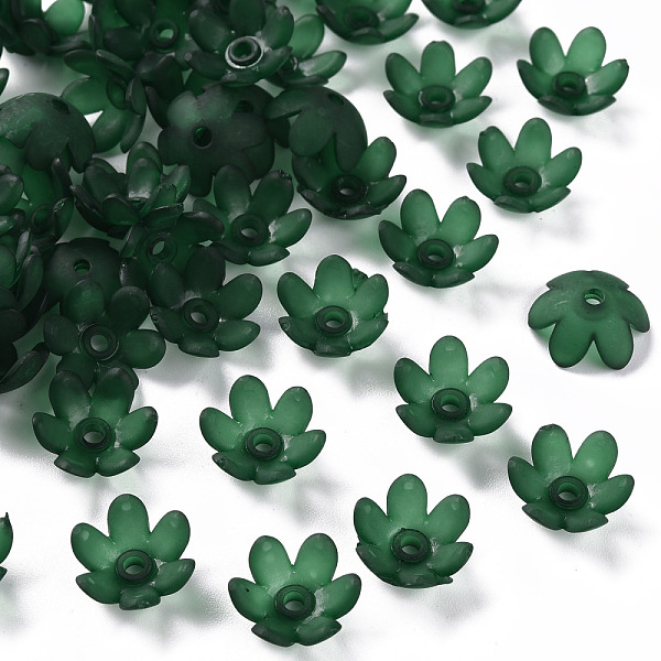 

PandaHall Frosted Acrylic Bead Caps, 6-Petal, Flower, Dark Green, 14x6mm, Hole: 2mm, about 1660pcs/500g Acrylic
