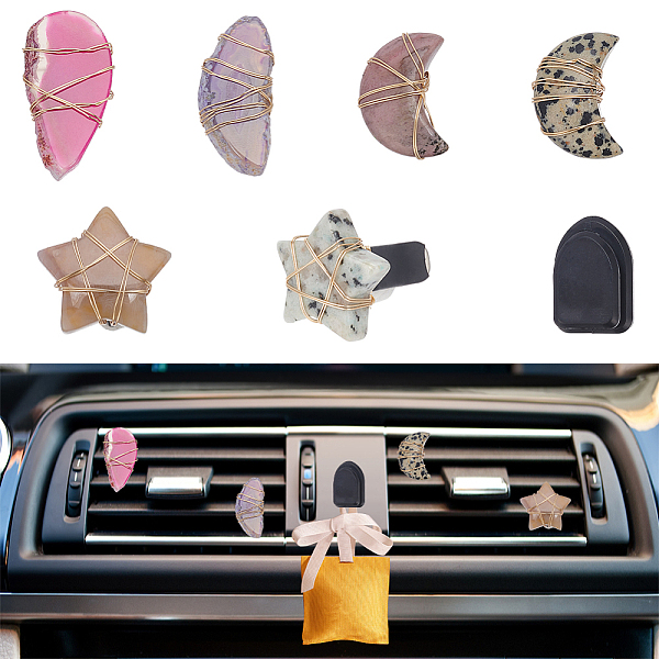 OLYCRAFT 6pcs Star Moon Natural Stone Car Air Vent Clips with Hook Gemstone Car Vent Clips Quartz Crystals Car Vent Clips Teardrop Stones with Copper Wire for Car Air Vent Accessory -6 Styles