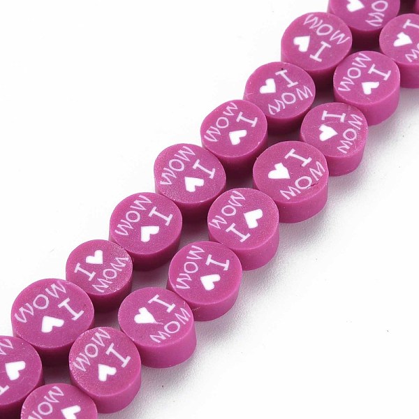

PandaHall Handmade Polymer Clay Bead Strands, Mother's Day Theme, Flat Round with Word I Love MOM, Medium Violet Red, 8x4mm, Hole: 1.4mm...