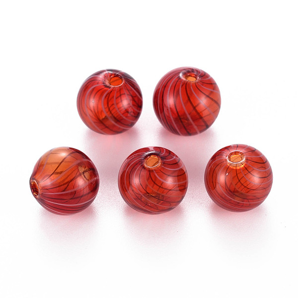 

PandaHall Transparent Handmade Blown Glass Globe Beads, Stripe Pattern, Round, FireBrick, 13.5~14.5mm, Hole: 1~2mm Glass Round Red