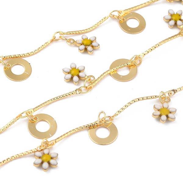

PandaHall Brass Bar Link Chain, with Enamel Charms, Long-Lasting Plated, with Spool, Soldered, Daisy Flower & Ring, Golden, Flower...