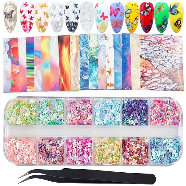

PandaHall Nail Art Kits, with Nail Art Transfer Stickers, Butterfly Nail Art Sequins and Stainless Steel Nail Art Picking Tweezers, Mixed..., Multicolor
