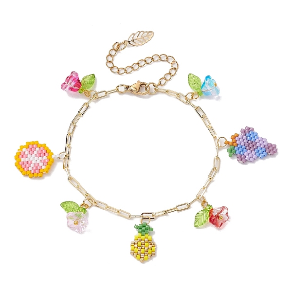 

PandaHall Fruit & Flower Glass Seeds Charm Bracelets, with Golden Brass Paperclip Chains, Colorful, 7-1/8 inch(18cm) Seed Beads Fruit