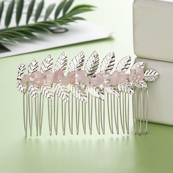 

PandaHall Leaf Natural Rose Quartz Chips Hair Combs, with Iron Combs, Hair Accessories for Women Girls, 45x80x10mm Rose Quartz