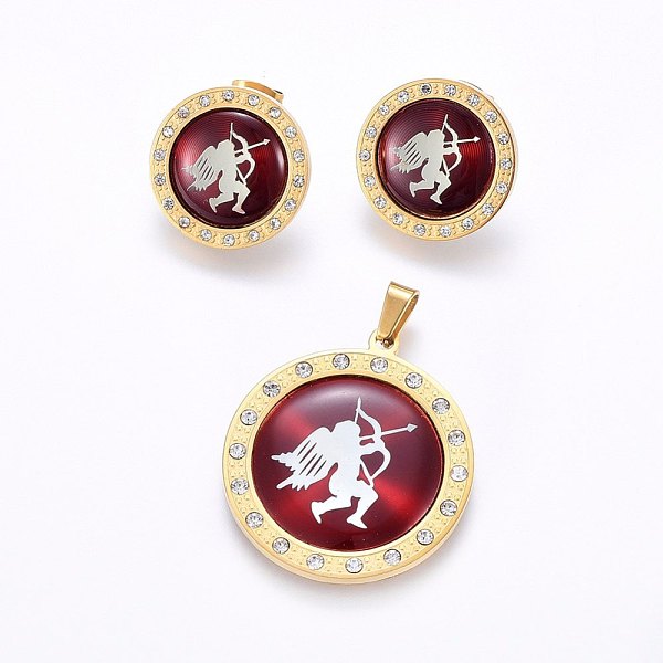 

PandaHall 304 Stainless Steel Jewelry Sets, Pendants and Stud Earrings, with Rhinestone and Plastic, Flat Round with Cupid/Cherub, Golden..., Red