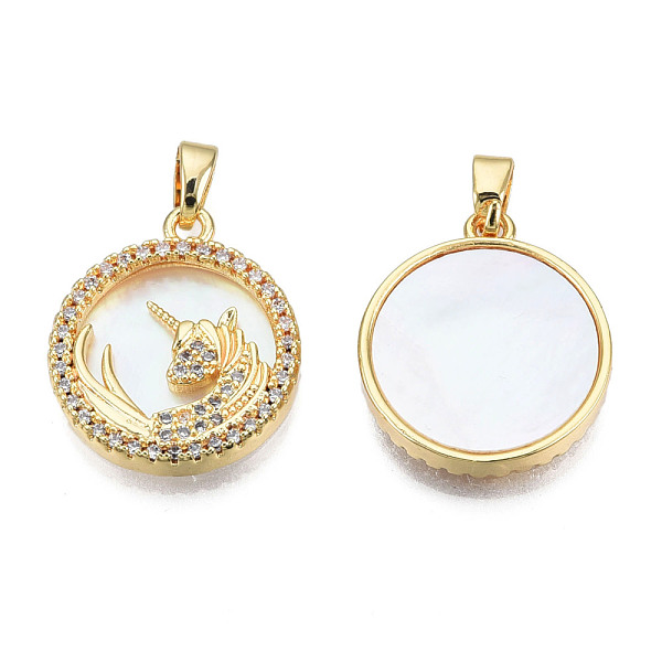

PandaHall Brass Micro Pave Clear Cubic Zirconia Pendants, with Natural Shell, Real 18K Gold Plated, Nickel Free, Flat Round with Unicorn...