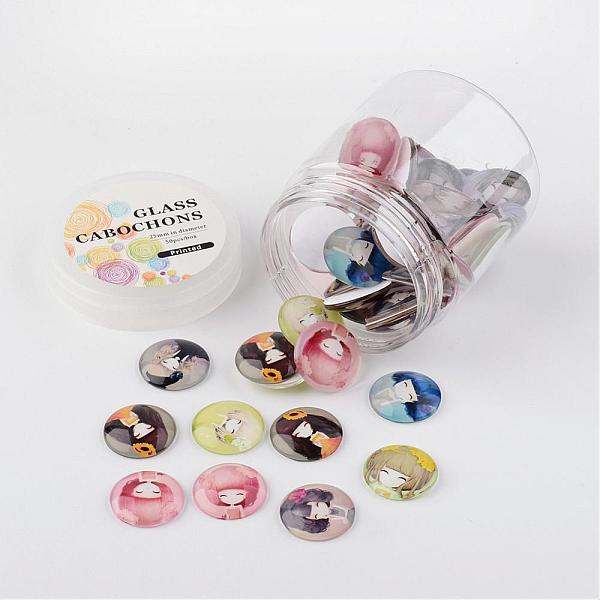 

PandaHall Glass Cabochons, Little Girl Printed, Flatback Half Round/Dome, Mixed Color, 25x7mm, about 50pcs/box Glass Half Round Multicolor