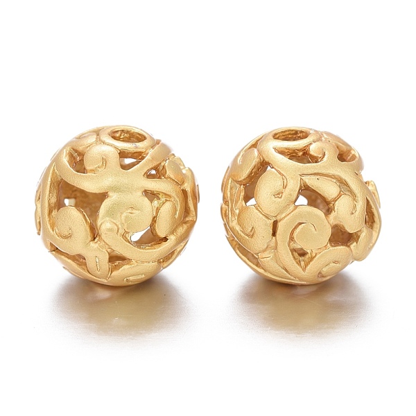 

PandaHall Brass Beads, Long-Lasting Plated, Matte Style, Hollow Round, Matte Gold Color, 10x9mm, Hole: 2mm Brass Round