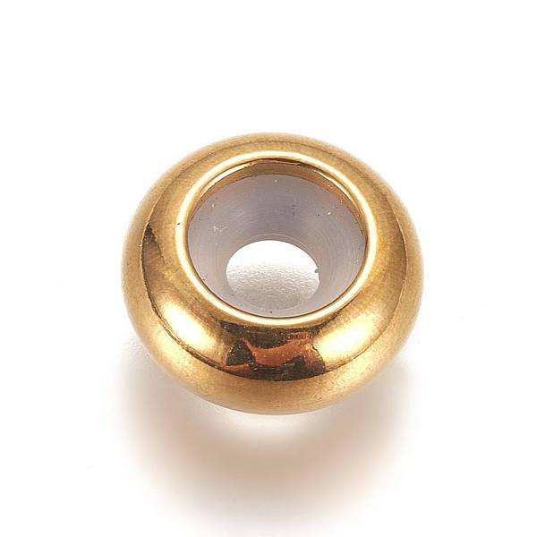 

PandaHall Vacuum Plating 304 Stainless Steel Beads, with Rubber Inside, Slider Beads, Stopper Beads, Rondelle, Golden, 10x4~5mm, Hole: 5mm...