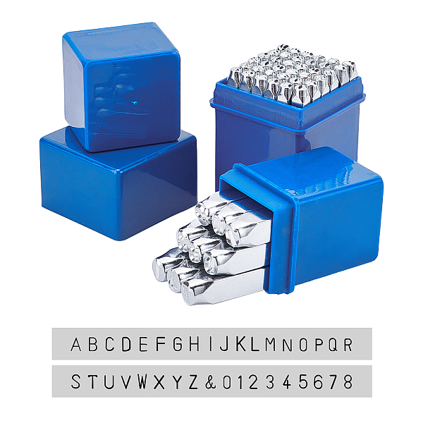 PandaHall Iron Metal Stamps Set, for Imprinting Metal, Wood, Plastic, Leather, Platinum, 2boxes/set Iron Blue