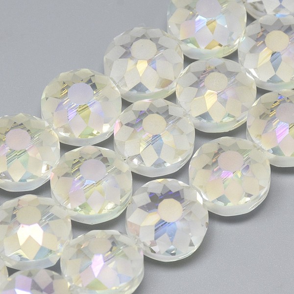 

PandaHall Electroplate Glass Beads Strands, Frosted, Rainbow Plated, Faceted, Flat Round, Clear AB, 14x8~10mm, Hole: 1.5mm, about..., White