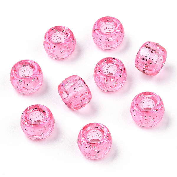 

PandaHall Transparent Plastic Beads, with Glitter Powder, Barrel, Hot Pink, 9x6mm, Hole: 3.8mm, about 1900pcs/500g Plastic Barrel