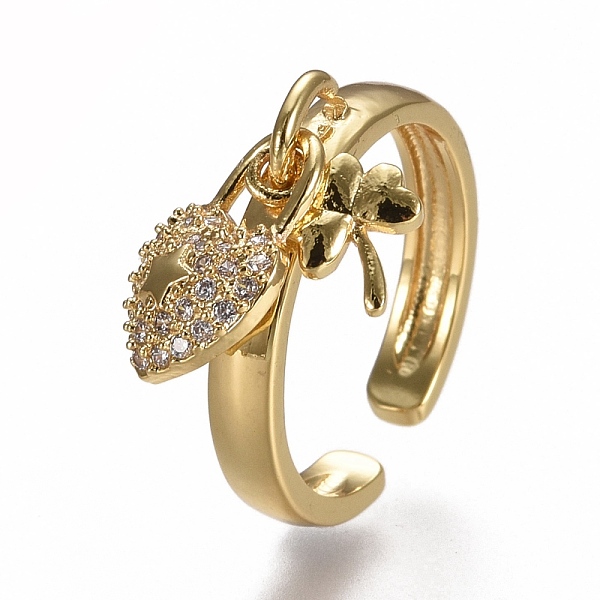 

PandaHall Brass Micro Pave Clear Cubic Zirconia Cuff Rings, Open Rings, Heart Lock with Clover, Real 18K Gold Plated, Size 7, Inner Diameter...