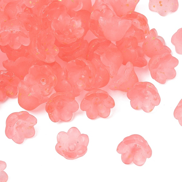 Frosted Glass Bead Cap, 6-Petal Flower, with Gold Powder, Orange Red, 11x12x8mm, Hole: 1.4mm, about 1333pcs/1000g