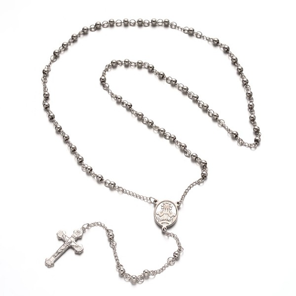 

PandaHall 304 Stainless Steel Rosary Bead Necklaces, with Oval Link, Cross Pendant and Lobster Clasps, Stainless Steel Color, 23.62 inch...