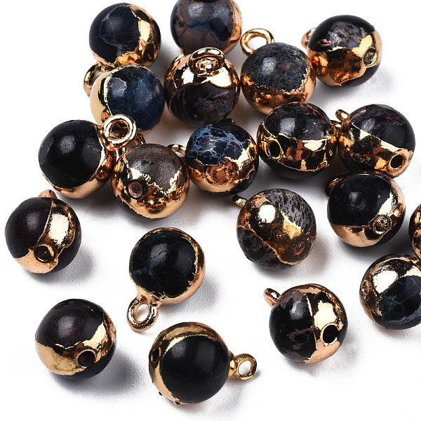 

PandaHall Natural Regalite/Imperial Jasper/Sea Sediment Jasper Charms, with Brass Findings, Round, Golden, Black, 12x9x8.5mm, Hole: 1mm...