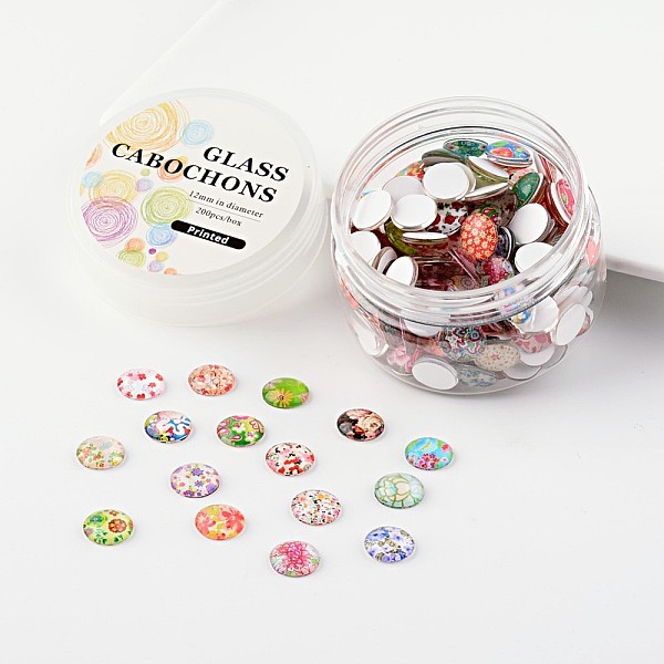 

PandaHall Glass Cabochons, Floral Printed, Half Round/Dome, Mixed Color, 12x4mm, about 180~190pcs/box Glass Half Round Multicolor
