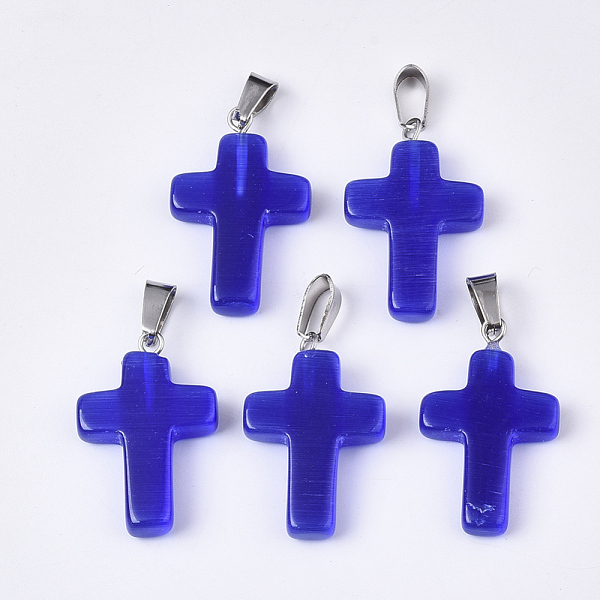 

PandaHall Cat Eye Pendants, with Stainless Steel Peg Bails, Cross, Stainless Steel Color, Blue, 28~30x18x6mm, Hole: 7x3.5mm Stainless...