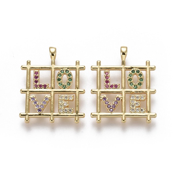 PandaHall Brass Micro Pave Cubic Zirconia Pendants for Valentines Day, Grids with Word Love, Colorful, Real 18K Gold Plated, 20x16.5x1.5mm...