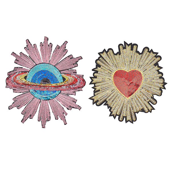 PandaHall FINGERINSPIRE 2PCS 2 Style Planet Heart Iron on Applique 7.9~9.8 inch Computerized Embroidery Cloth Patches Decorative Glitter...