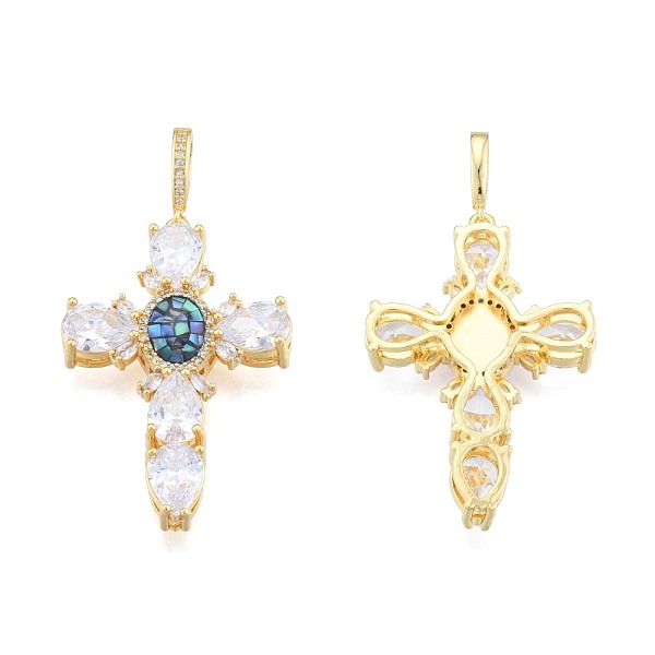 

PandaHall Brass Micro Pave Clear Cubic Zirconia Pendants, with Abalone Shell/Paua Shell, Nickel Free, Real 18K Gold Plated, Cross, Dark Blue...