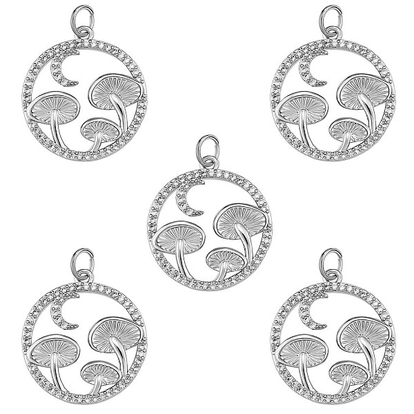 

PandaHall 5Pcs Brass Micro Pave Clear Cubic Zirconia Pendants, Long-Lasting Plated, Flat Round with Mushroom, Platinum, 21x19x3mm, Hole...
