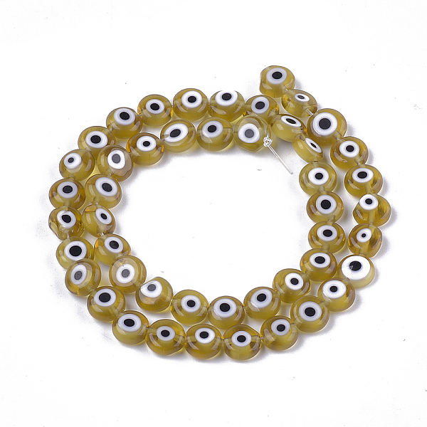 

PandaHall Handmade Evil Eye Lampwork Beads Strands, Flat Round, Dark Khaki, 7.5x3mm, Hole: 1mm, about 48pcs/strand, 13.7 inch~14.9 inch..., Yellow
