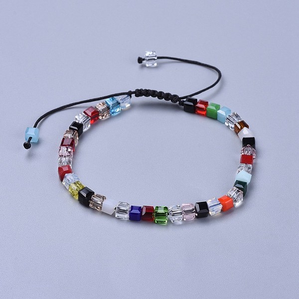 

PandaHall Adjustable Nylon Cord Braided Bead Bracelets, with Faceted Transparent Glass Cube Beads, Mixed Color, 2-1/8 inch~3-1/8 inch..., Multicolor