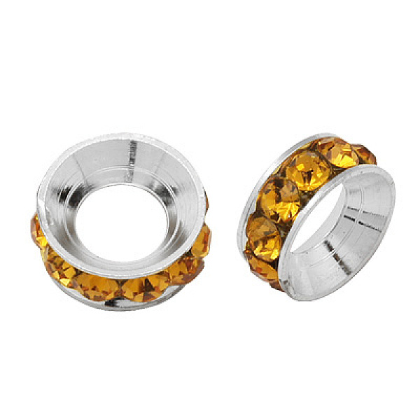

PandaHall Brass Rhinestone Spacer Beads, Grade A, Rondelle, Silver Color Plated, Topaz, 10x4.2mm, Hole: 5.2~5.7mm Brass+Rhinestone Rondelle..., Yellow
