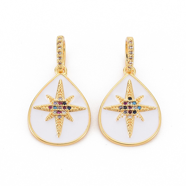 

PandaHall Brass Micro Pave Colorful Cubic Zirconia Pendants, with Enamel, Nickel Free, Real 18K Gold Plated, Teardrop, White, 21x15x2mm...