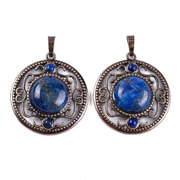 

PandaHall Natural Lapis Lazuli Dyed Pendants, Rack Plating Brass Hollow Flat Round Charms, Cadmium Free & Lead Free, Red Copper...
