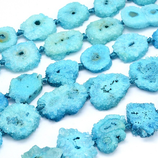 

PandaHall Dyed Natural Druzy Geode Agate Nugget Bead Strands, Light Sky Blue, 20~26x19~25x7~8mm, Hole: 1mm, about 19~20pcs/strand, 17.3 inch...