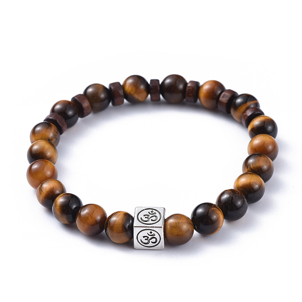 

PandaHall Natural Tiger Eye Stretch Bracelets, with Wood Beads and Tibetan Style Alloy Beads, Cube with Om Symbol, 2-3/8 inch(5.9cm) Tiger...