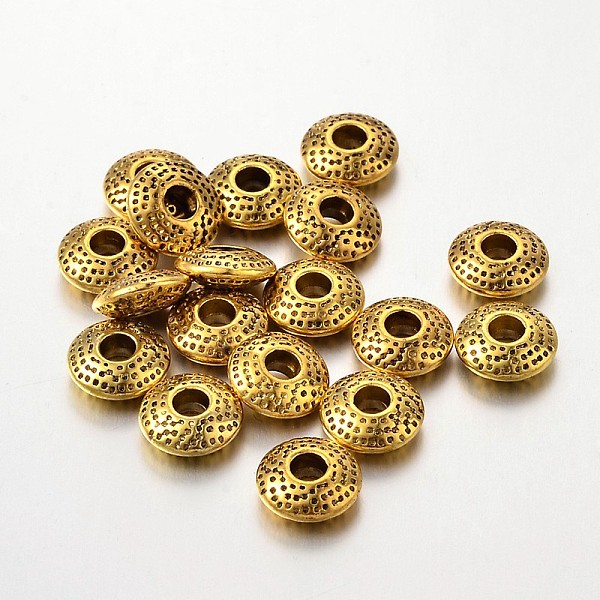 

PandaHall Tibetan Style Alloy Spacer Beads, Lead Free & Cadmium Free, Flat Round, Antique Golden, 8x3mm, Hole: 2.5mm Alloy Flat Round