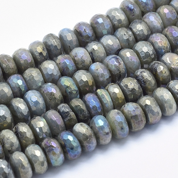 PandaHall Electroplate Natural Labradorite Beads Strands, Faceted, Rondelle, 12x6~8mm, Hole: 1.2mm, about 55pcs/strand, 15.7 inch...