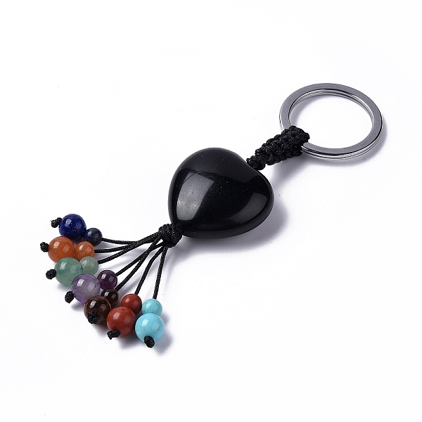PandaHall Natural Obsidian Heart with Mixed Gemstone Tassel Keychains, with 304 Stainless Steel Ring Clasps, 8.5~9cm Obsidian Heart