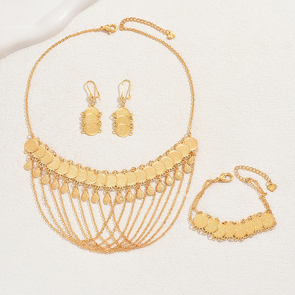 

PandaHall Simple and Stylish 18K Gold Plated Brass Coin Necklace & Dangle Earrings & Bracelet Set for Women Brass Flat Round