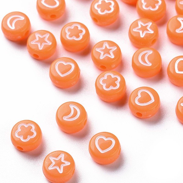 

PandaHall Opaque Acrylic Beads, Flat Round with White Heart & Flower & Moon & Star, Orange, 7x4mm, Hole: 1.6mm Acrylic Flat Round Orange