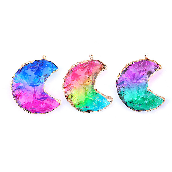 

PandaHall Rainbow Color Glass Pendants, with Golden Tone Stainless Steel Edge & Loop, Moon, 40~50x30~40mm Glass Moon