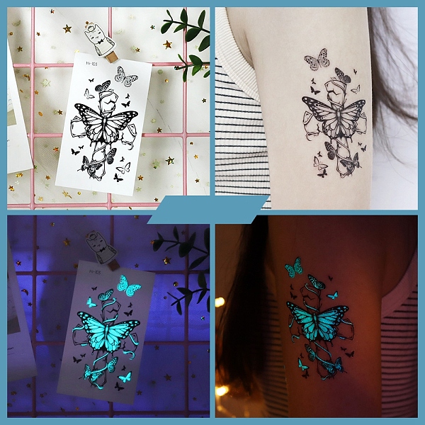 

PandaHall Luminous Body Art Tattoos Stickers, Removable Temporary Tattoos Paper Stickers, Glow in the Dark, Butterfly, 10.5x6cm Paper...