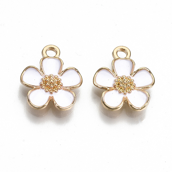 

PandaHall Eco-Friendly Zinc Alloy Pendants, with Enamel, Cadmium Free & Nickel Free & Lead Free, 5- Petal Flower, Light Gold, White...