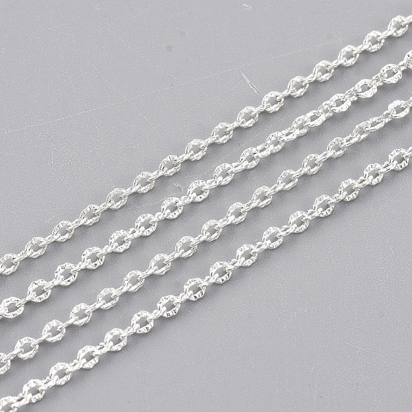

PandaHall Brass Cable Chains, Textured, Unwelded, with Spool, Oval, Silver Color Plated, 2x1.5x0.5mm, about 328.08 Feet(100m)/roll Brass