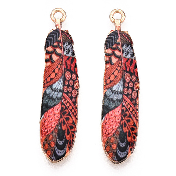 

PandaHall Rack Plating Alloy Pendants, Printed, Lead Free & Cadmium Free & Nickel Free, Feather Charm, Light Gold, Tomato, 38x9x1.5mm, Hole..., Red
