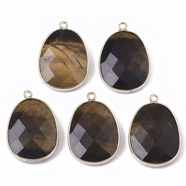 

PandaHall Natural Tiger Eye Pendants, with Golden Plated Edge Brass Findings, Faceted, Oval, 25~26x17~18x5mm, Hole: 1.4mm Tiger Eye Oval