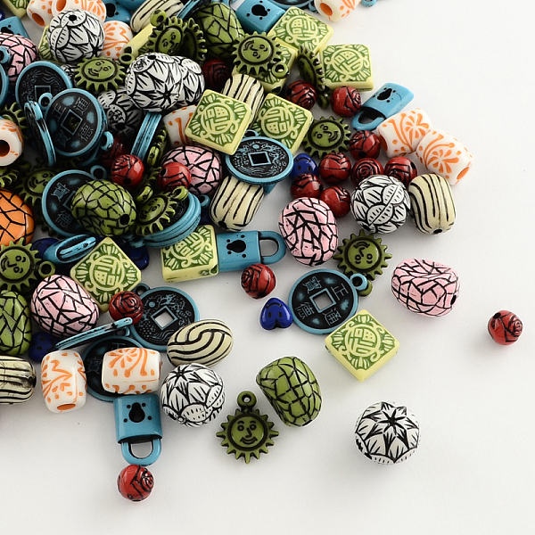 

PandaHall Mixed Antique Style Acrylic Beads/Pendants, Mixed Color, 7~25x7~20x4~13mm, Hole: 1~4mm Acrylic Mixed Shapes Multicolor